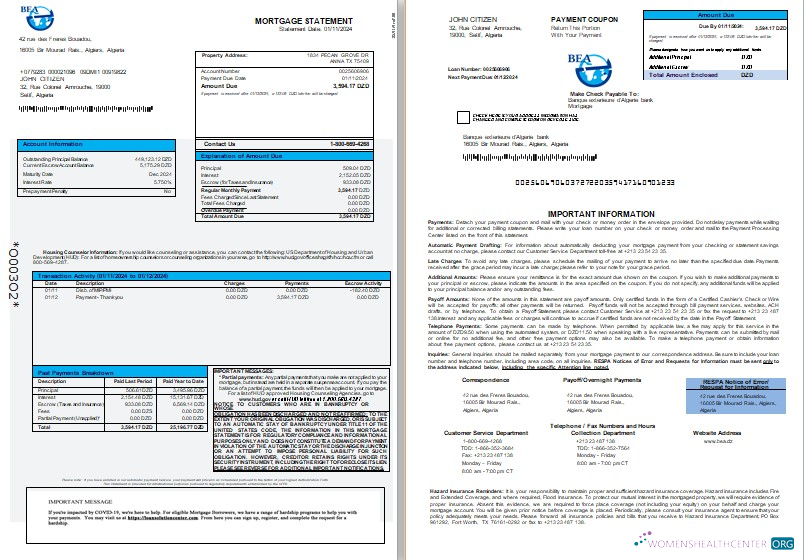 Download Algeria Banque exterieure d'Algerie bank mortgage statement, 3 pages 1 2 scr Photoshop template
